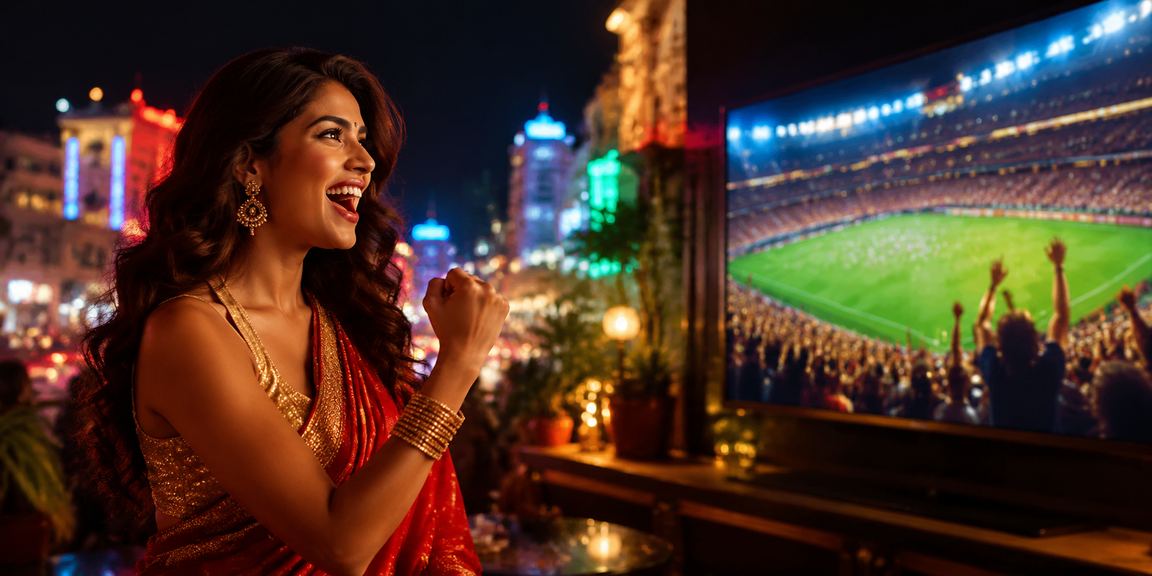 Indian woman using mobile for sports betting in Delhi market