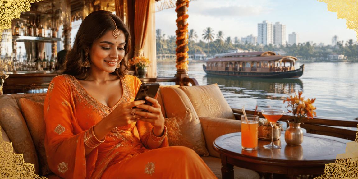 Player enjoying mobile casino slots in Kerala backwaters setting